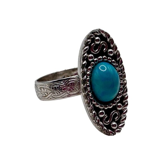 Vintage Ring Sarah Coventry Faux Turquoise Silver Tone Textured Adjustable Band - Picture 12 of 12